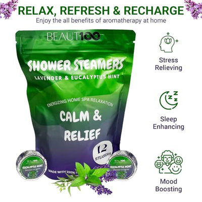 Beaut100 Shower Steamers | 12pcs of Lavender & Eucalptus spearmint, for Stress Relief Candle